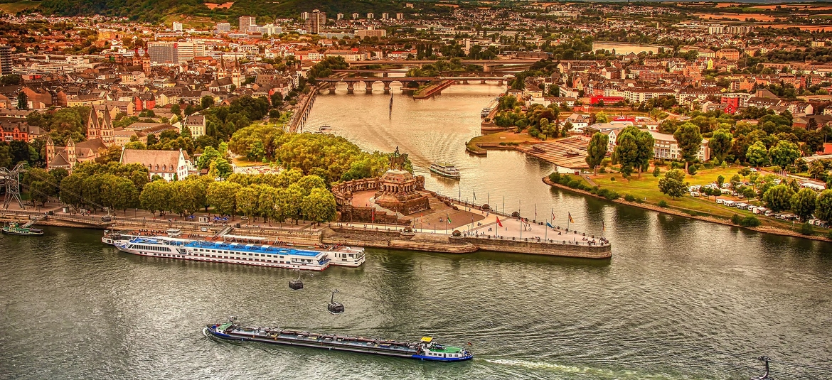 Aerial view of the river Rhine in Germany at sunset